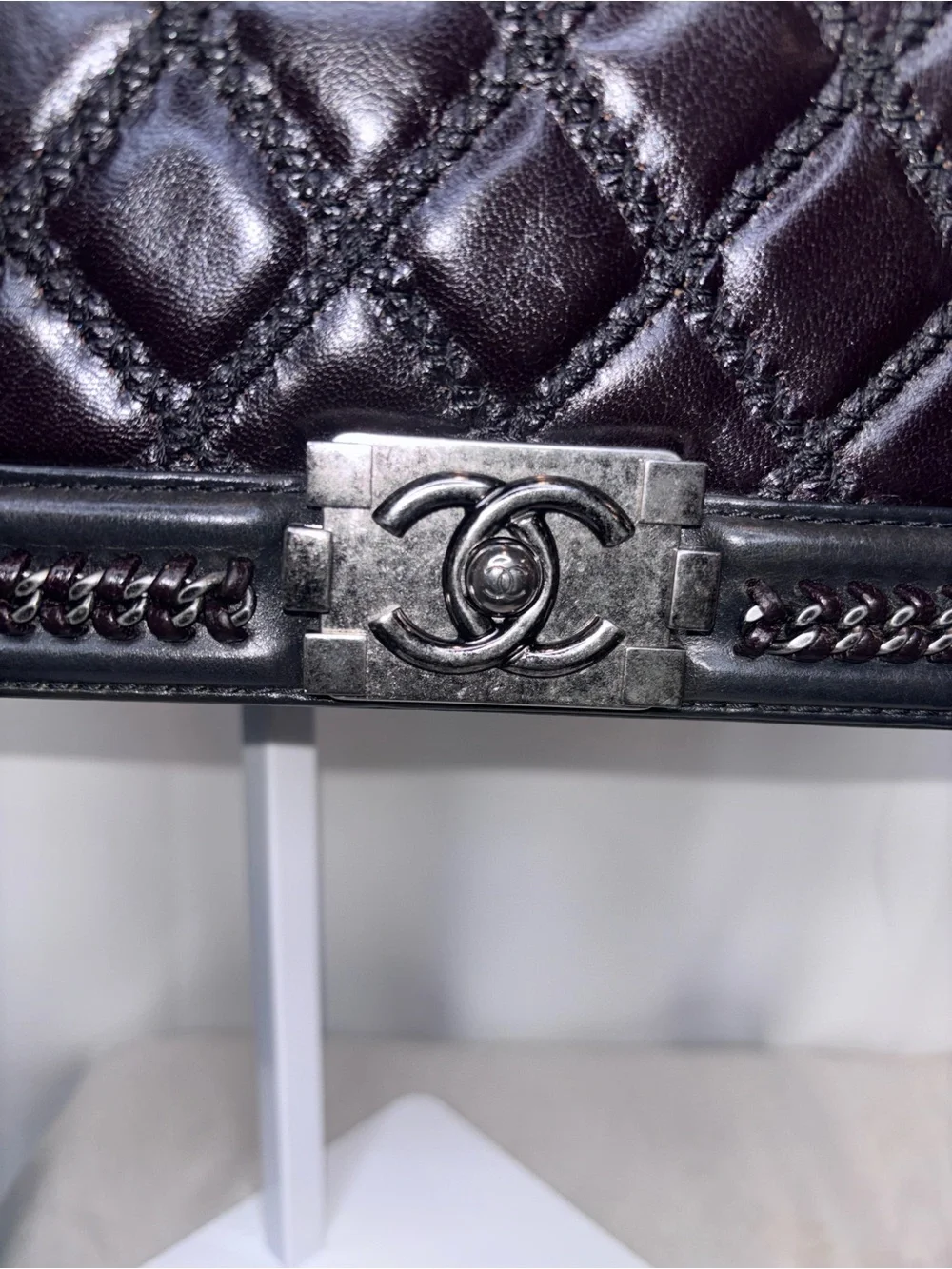 CHANEL Boy 2-Way Chain Shoulder Bag Black Brown Quilted Top Handle 8”